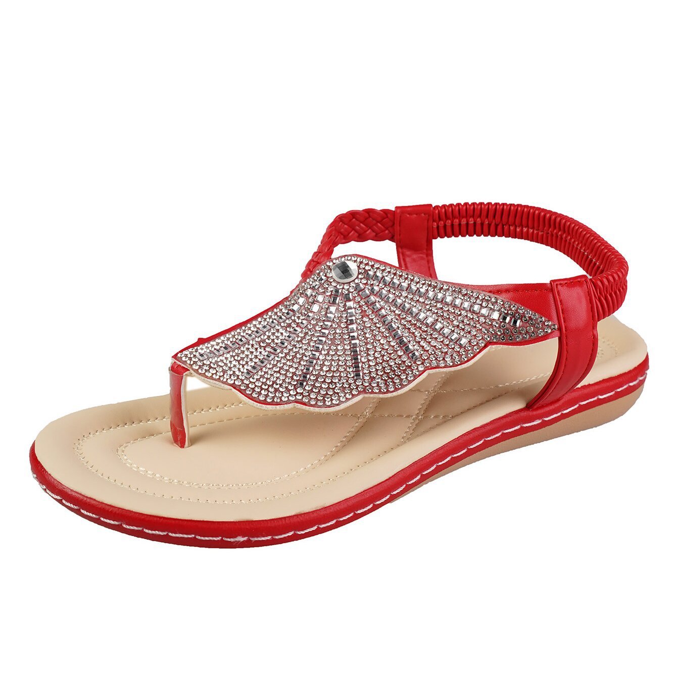 Rhinestone Shell Flip-Flops - Women's Low-Heel Beach Sandals