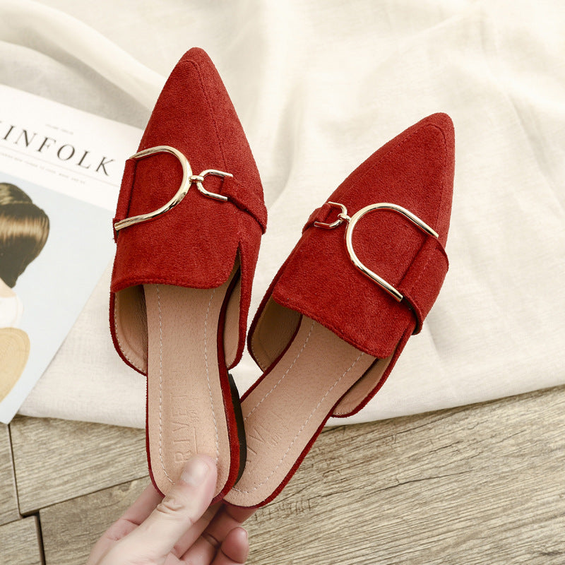 Women's Mules Flats - Stylish Slip-On Slippers with Metal Decoration