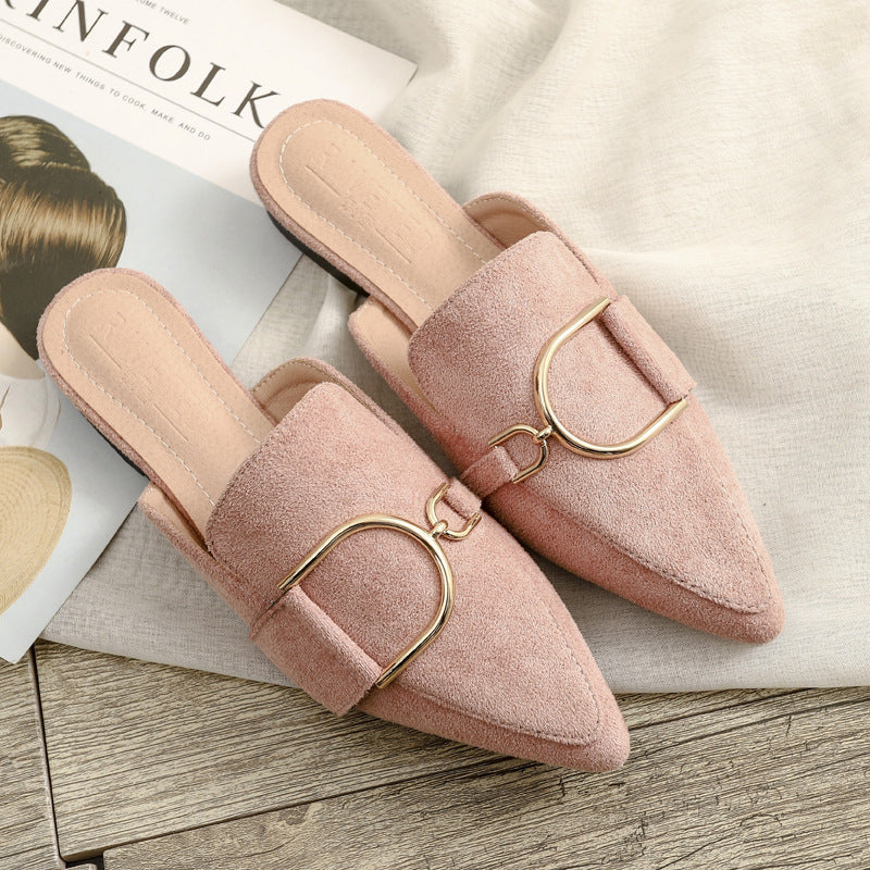 Women's Mules Flats - Stylish Slip-On Slippers with Metal Decoration