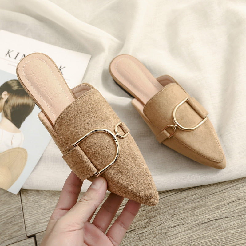 Women's Mules Flats - Stylish Slip-On Slippers with Metal Decoration