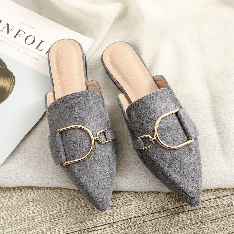 Women's Mules Flats - Stylish Slip-On Slippers with Metal Decoration
