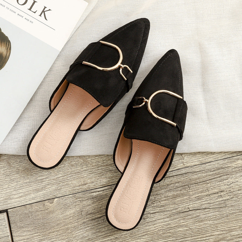 Women's Mules Flats - Stylish Slip-On Slippers with Metal Decoration