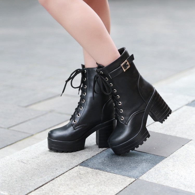 Belt Buckle Ankle Boots - Stylish Lace-Up Boots for Women