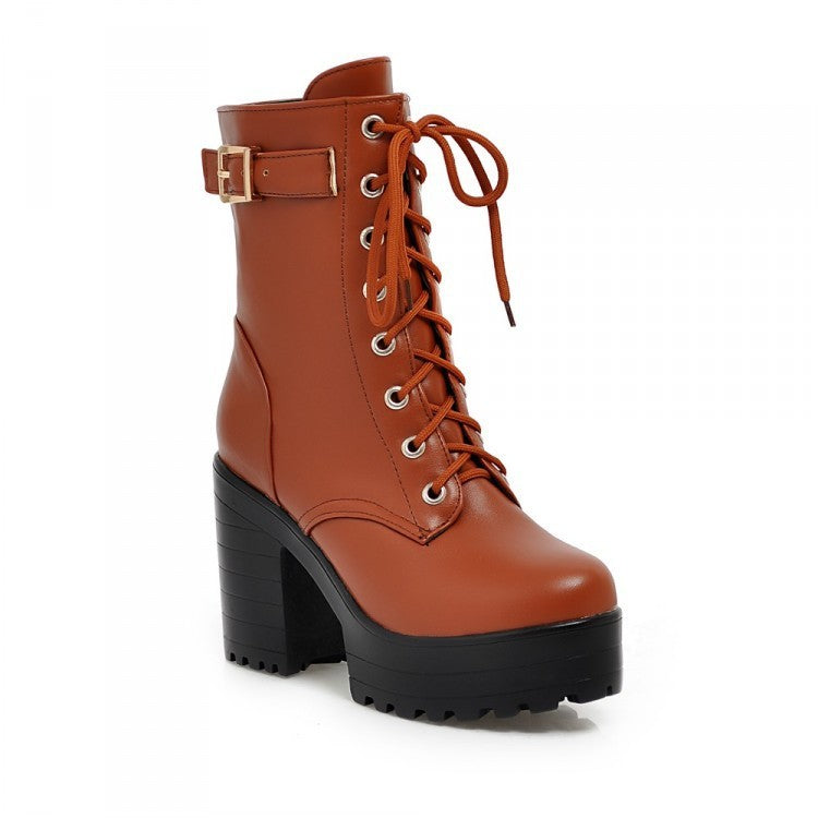 Belt Buckle Ankle Boots - Stylish Lace-Up Boots for Women