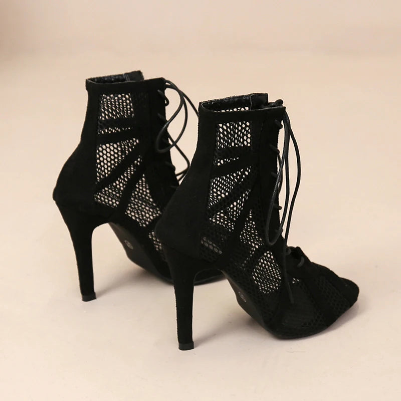 High Heels Hollow Mesh Sandals Cross-tied Peep Toe For Women