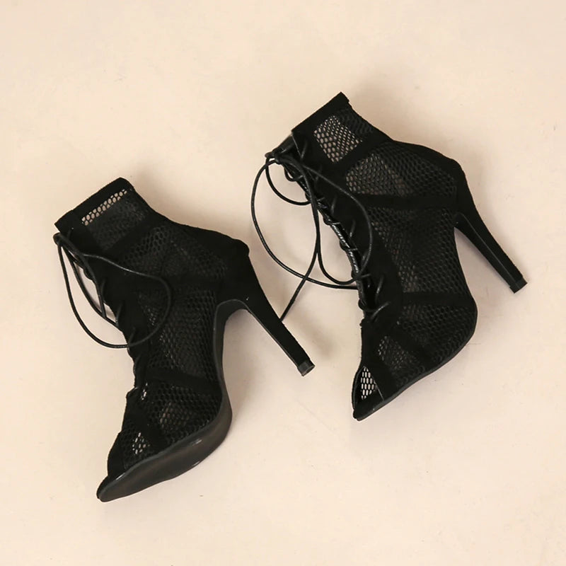 High Heels Hollow Mesh Sandals Cross-tied Peep Toe For Women