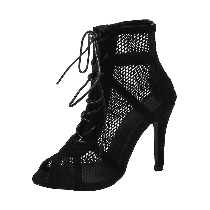 High Heels Hollow Mesh Sandals Cross-tied Peep Toe For Women