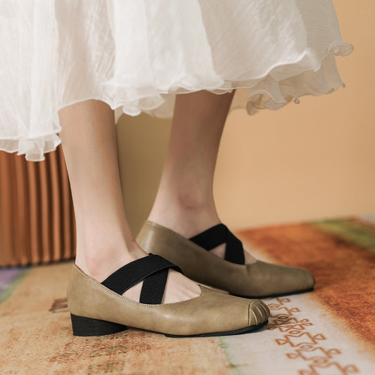 Mary Jane Ballet Flats - Women's Chunky Heel Lace-Up Ballerina Shoes