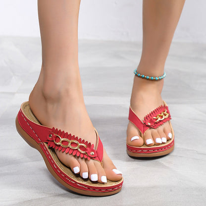 Summer Wedge Sandals for Women - Chain Decor Anti-Slip Retro Flip-Flops & Slides