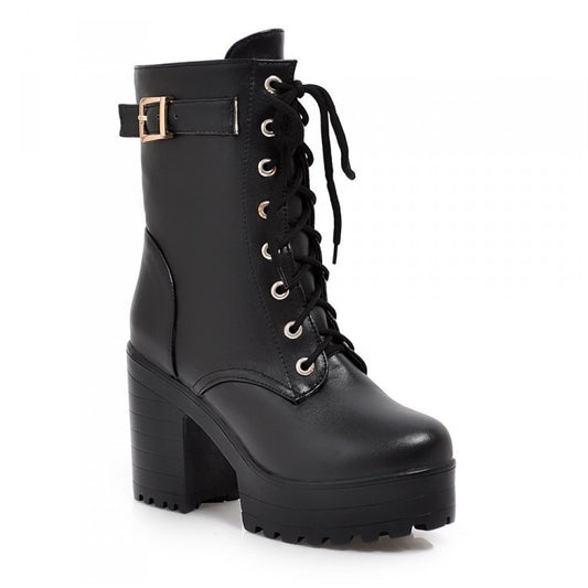 Belt Buckle Ankle Boots - Stylish Lace-Up Boots for Women