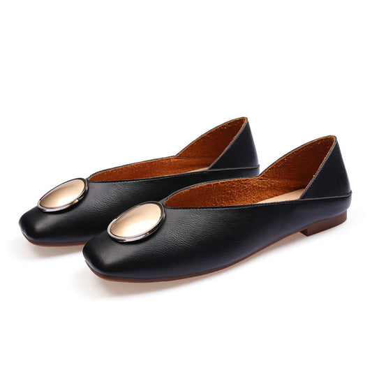 Women's Vintage Ballet Flats - Genuine Leather Flats with Metal Circle