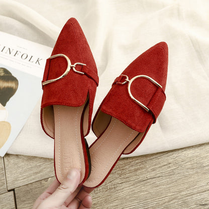 Women's Mules Flats - Stylish Slip-On Slippers with Metal Decoration