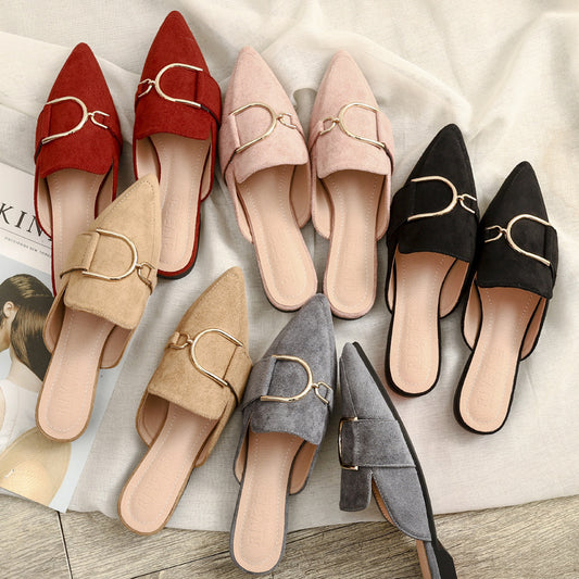 Women's Mules Flats - Stylish Slip-On Slippers with Metal Decoration