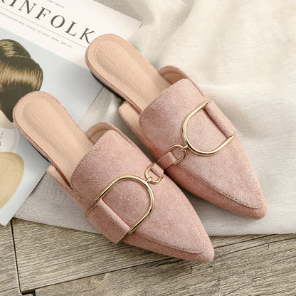 Women's Mules Flats - Stylish Slip-On Slippers with Metal Decoration