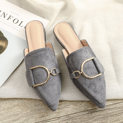 Women's Mules Flats - Stylish Slip-On Slippers with Metal Decoration
