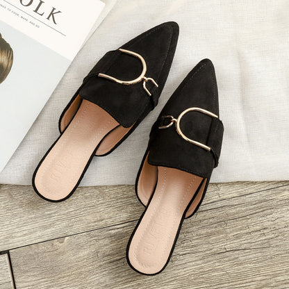 Women's Mules Flats - Stylish Slip-On Slippers with Metal Decoration