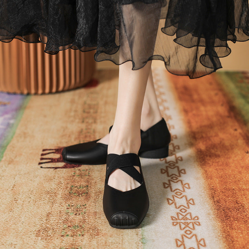 Mary Jane Ballet Flats - Women's Chunky Heel Lace-Up Ballerina Shoes