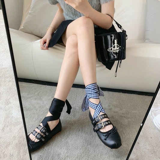Leather Buckle Bow Ballet Flats - Round Toe Lace-Up Ballerina Shoes