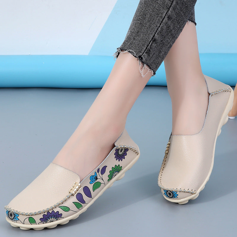 Women's Floral Loafers - Soft Flat Shoes with Sewing Thread Detailing