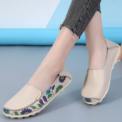 Women's Floral Loafers - Soft Flat Shoes with Sewing Thread Detailing