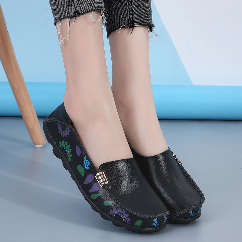 Women's Floral Loafers - Soft Flat Shoes with Sewing Thread Detailing