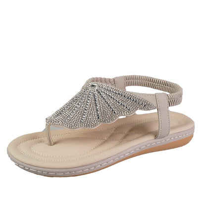 Rhinestone Shell Flip-Flops - Women's Low-Heel Beach Sandals