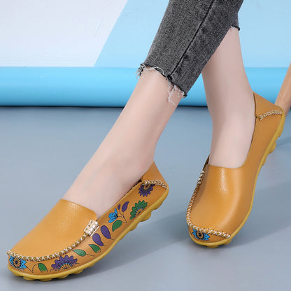 Women's Floral Loafers - Soft Flat Shoes with Sewing Thread Detailing