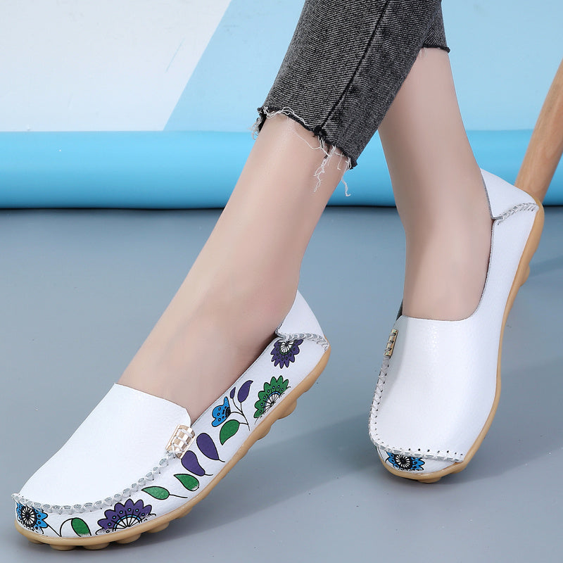 Women's Floral Loafers - Soft Flat Shoes with Sewing Thread Detailing