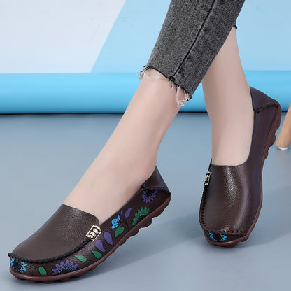 Women's Floral Loafers - Soft Flat Shoes with Sewing Thread Detailing