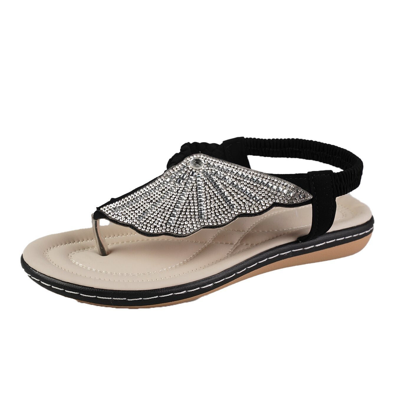 Rhinestone Shell Flip-Flops - Women's Low-Heel Beach Sandals