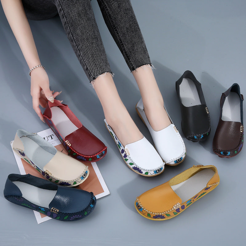 Women's Floral Loafers - Soft Flat Shoes with Sewing Thread Detailing