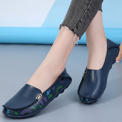 Women's Floral Loafers - Soft Flat Shoes with Sewing Thread Detailing