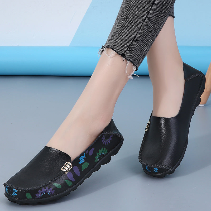 Women's Floral Loafers - Soft Flat Shoes with Sewing Thread Detailing