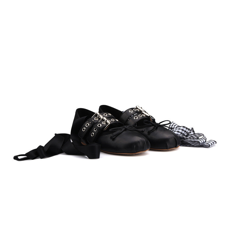 Leather Buckle Bow Ballet Flats - Round Toe Lace-Up Ballerina Shoes