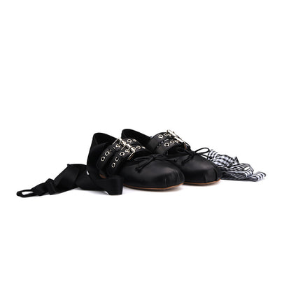 Leather Buckle Bow Ballet Flats - Round Toe Lace-Up Ballerina Shoes