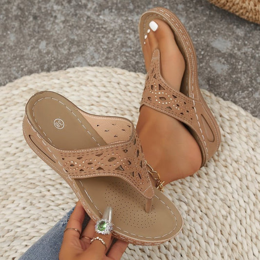 Platform Wedge Flip-Flops - Summer Hollow Rhinestone Beach Slippers