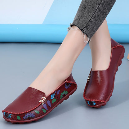 Women's Floral Loafers - Soft Flat Shoes with Sewing Thread Detailing