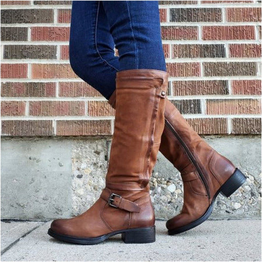 Round Toe High-Leg Boots - Stylish Low-Heel Knee-High Boots for Women